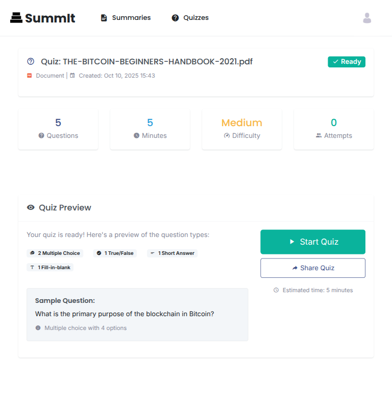 Quiz Generation Interface