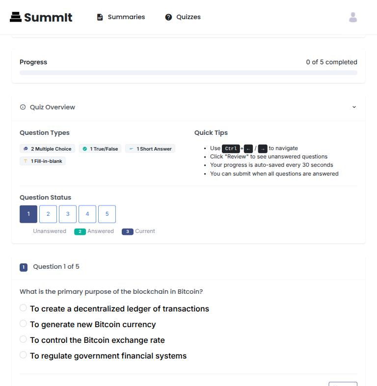 Quiz Taking Interface